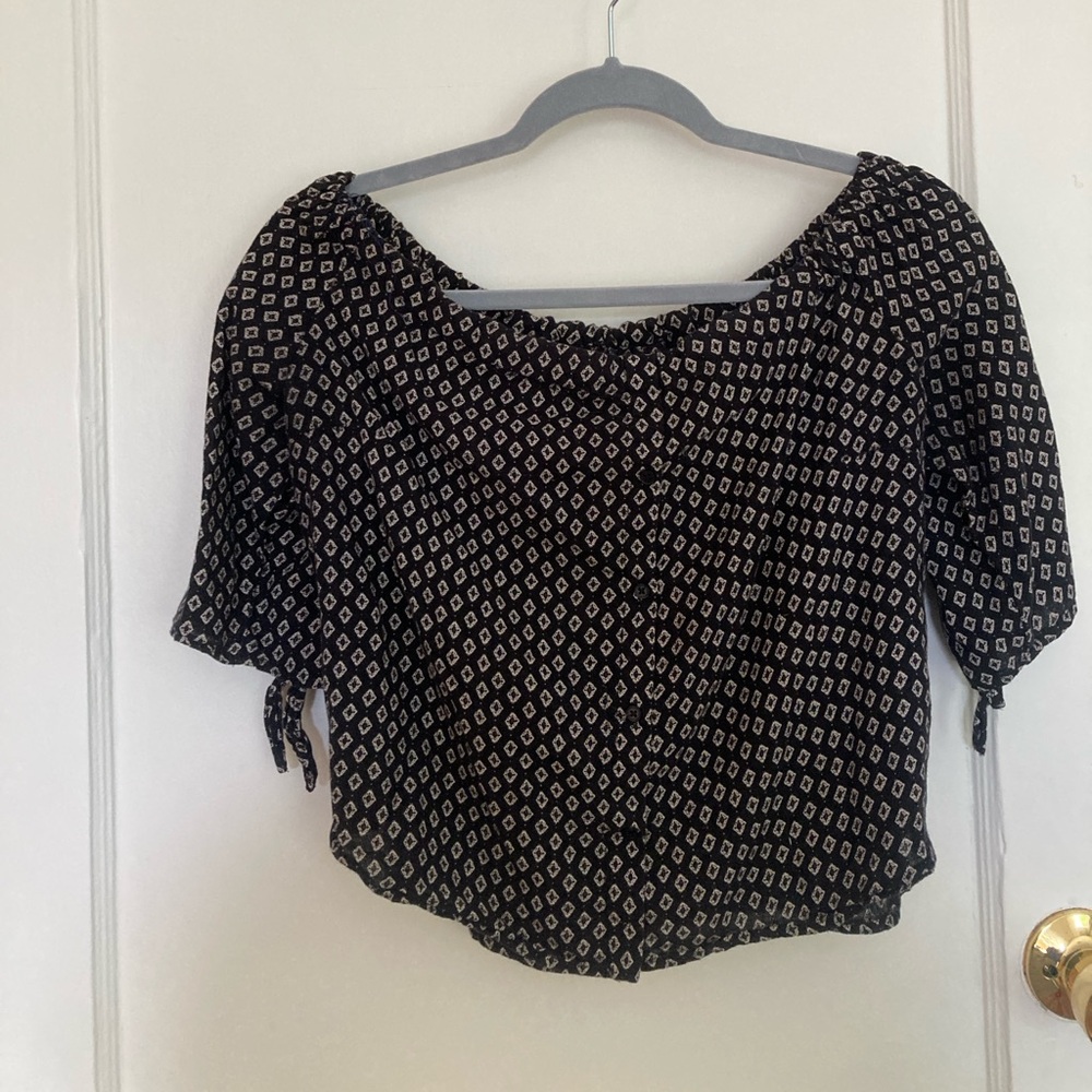 Bershka Black and White Puff Sleeve Smocked Blouse